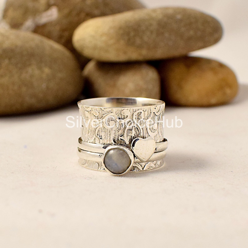 Heart Shape Design Moonstone Silver Spinner Ring* Two Wide Band* Fidget Ring* Yoga Ring* Anxiety Ring* chunky Ring* Silver Jewelry.