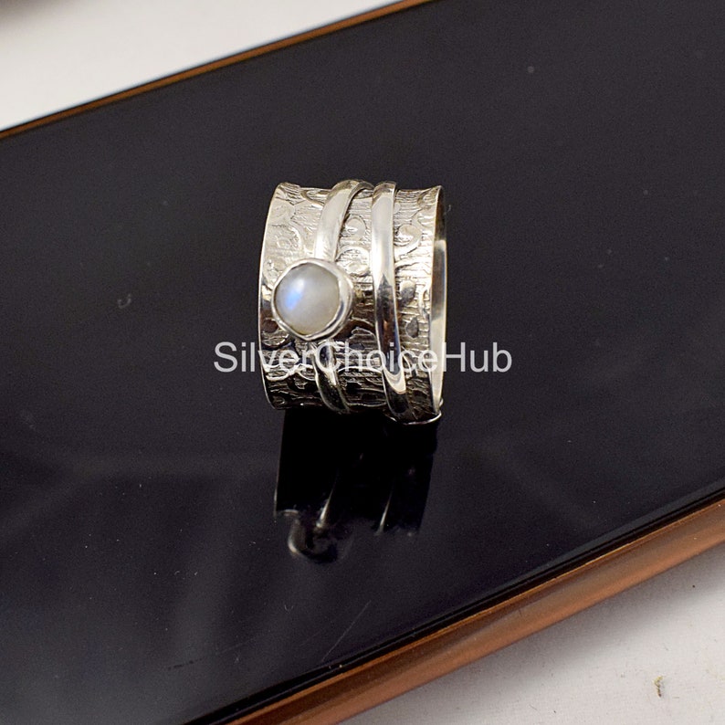 Heart Shape Design Moonstone Silver Spinner Ring* Two Wide Band* Fidget Ring* Yoga Ring* Anxiety Ring* chunky Ring* Silver Jewelry.