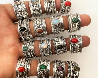 Anillo giratorio de piedras preciosas múltiples naturales, lote de anillos giratorios chapados en plata 925, anillos de banda ancha, anillo de meditación, venta de Navidad, tamaño de EE. UU. 6 a 10