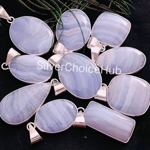 Natural Blue Lace Agate Pendant: .925 Silver Plated Bezel