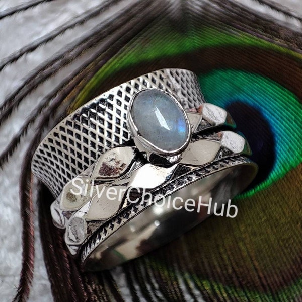 Natural Moonstone Spinner Ring, 925 Sterling Silver Ring, Spinner Ring, Handmade Ring, Thumb Ring, Meditation Spinner Ring, Women's Ring.