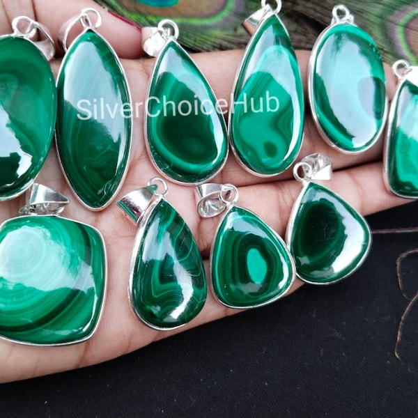 Natural Malachite Gemstone Bezel Pendants, Wholesale Bezel Lot Pendants, 925 Silver Plated, Mix Shapes Malachite Pendants, Handmade Pendants