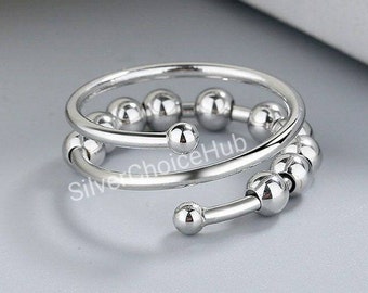 Einstellbare Angst Perle Ring, 925 Sterling Silber Spinner Ring, Angst Perle Stressabbau Ring, Fidget Ring, Meditation Ring, Geschenkring