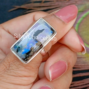 Rainbow Moonstone Sterling Silver Ring - Black Tourmaline Statement Ring