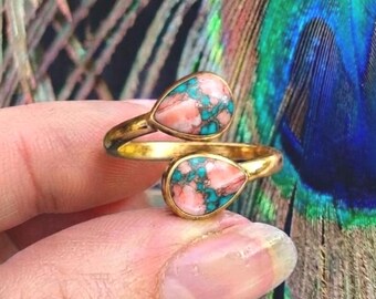 Pink Spiny Oyster Turquoise Ring, Solid Brass Adjustable Boho Statement Ring