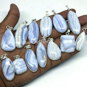 Blue Lace Agate Pendant: 925 Silver Plated Bezel, Handmade Gemstone