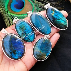 Blue Labradorite Gemstone Pendants: 925 Silver Plated Bezel, Wholesale Lot