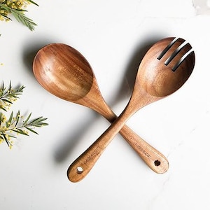 Acacia Wooden Salad Set 2 pieces: Salad Servers Serving Utensils Salad Tossers Salad Spoon Salad Fork Birthday Gifts image 1