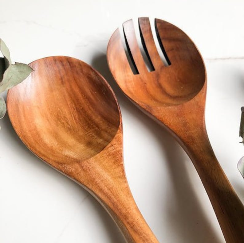 Acacia Wooden Salad Set 2 pieces: Salad Servers Serving Utensils Salad Tossers Salad Spoon Salad Fork Birthday Gifts image 4