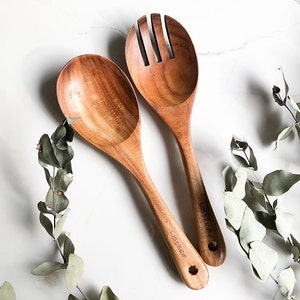 Acacia Wooden Salad Set 2 pieces: Salad Servers Serving Utensils Salad Tossers Salad Spoon Salad Fork Birthday Gifts image 2