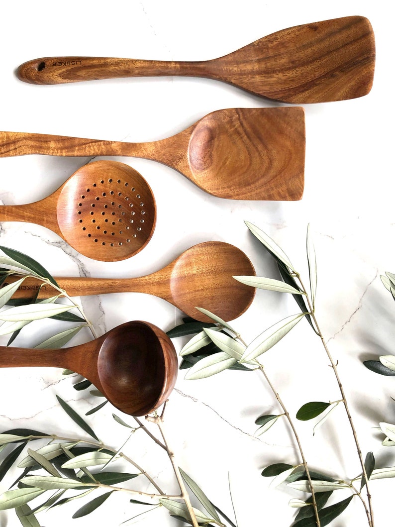 Acacia Wooden Utensil Set 5 Pieces Cooking Utensils Set Etsy