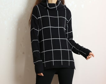 Plaid sweater women, Pullover sweaters, roll neck sweater, high neck jumpers, black sweatshirt, checked sweaters(Y2099)