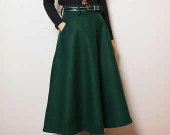 Wollen midi-rok met riem: donkergroene winterrok