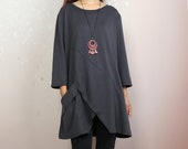 Boho tunic tops, 3 4 sleeve cotton tunic top, casual loose t-shirt, women 39 s dark blue long tops(Y2008)