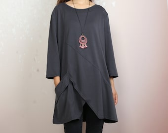 Boho tunic tops, 3/4 sleeve cotton tunic top, casual loose t-shirt, women's dark blue long tops(Y2008)