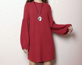 Baumwolle Tunika Kleid: Boho Laterne Ärmel Rotes Top