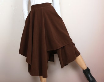 Wool skirt pants, wide leg pants, Cropped pants, Asymmetrical skirt pants, winter pants, custom made, black pants (K2135)