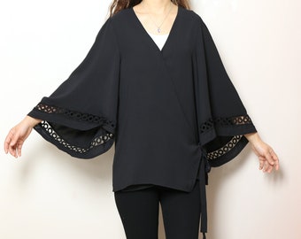 V-neck chiffon blouse, boho chiffon top, flare sleeve t-shirt, black shirt, long sleeve blouse(Y2206)