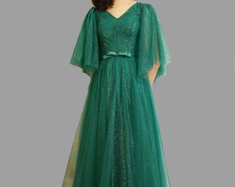 Dunkelgrünes Kleid mit V-Ausschnitt: Polyester Party- oder Hochzeitskleid