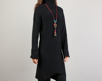 Oversized Sweater dress, Turtleneck Sweater, pullover sweaters women, knit dress, long sweaters, black sweater, Boho Sweater(Y2131)