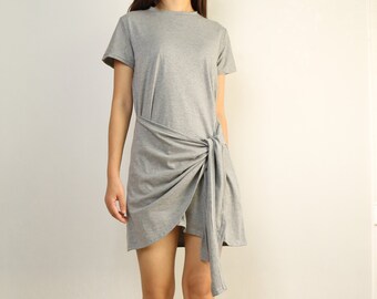 Tunic dress for Women, short sleeve cotton dress, crewneck tunic tops, gray t-shirt, long tops(Q2038)
