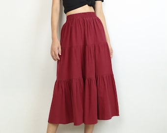 Linen skirt, boho midi skirt, elastic waist skirt, wine red flared skirt(Q2020)