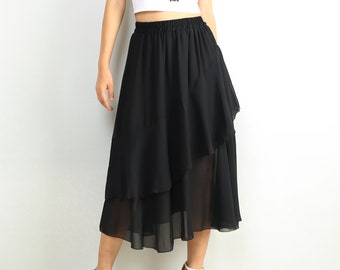 Black chiffon skirt, elastic waist skirt, midi layered skirt, asymmetrical flared skirt(Q2047)