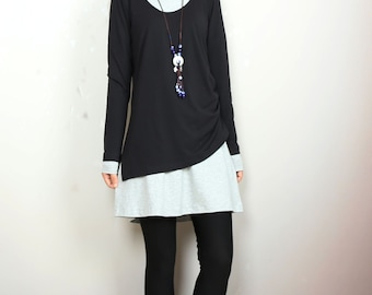Long sleeve tops, Cotton tunic dress set, boho tunic tops, V-neck cotton dress, cotton t-shirts, 2 pieces dress, mini dress(Q2129)