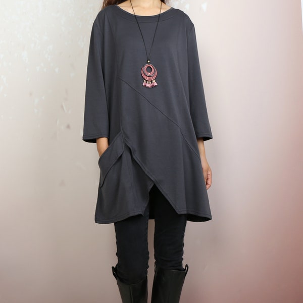 Boho tunic tops, 3/4 sleeve cotton tunic top, casual loose t-shirt, women's dark blue long tops(Y2008)