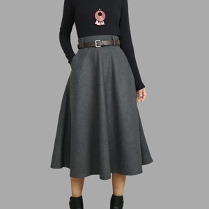Wool skirt with belt, winter skirt, custom made skirt, midi skirt, black skirt (Q2143)