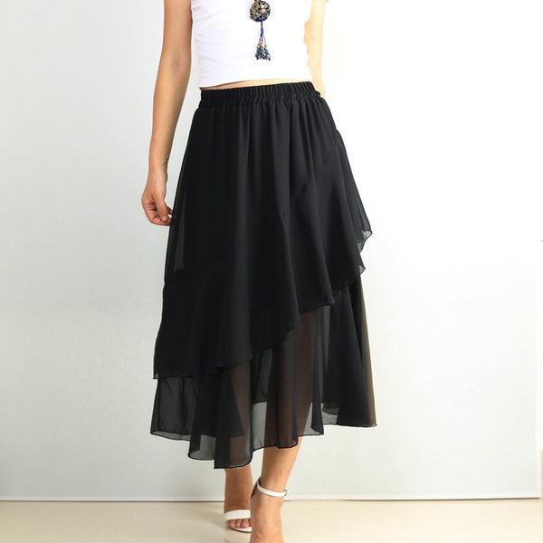 Black chiffon skirt, elastic waist skirt, midi layered skirt, asymmetrical flared skirt(Q2047)