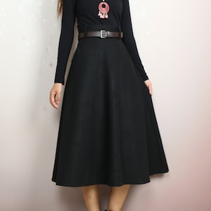 Wool skirt with leather belt, winter skirt, custom made, midi skirt, black skirt (Q2143)