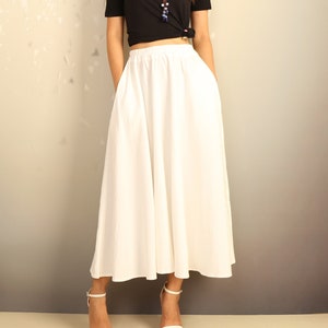 Flared linen skirt, boho midi skirt, elastic waist skirt, white skirt, long skirt, maxi skirt (Q2068)