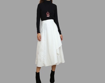 Women's midi skirt, cotton skirt, elastic waist skirt, white skirt, flare skirt(Q2147)