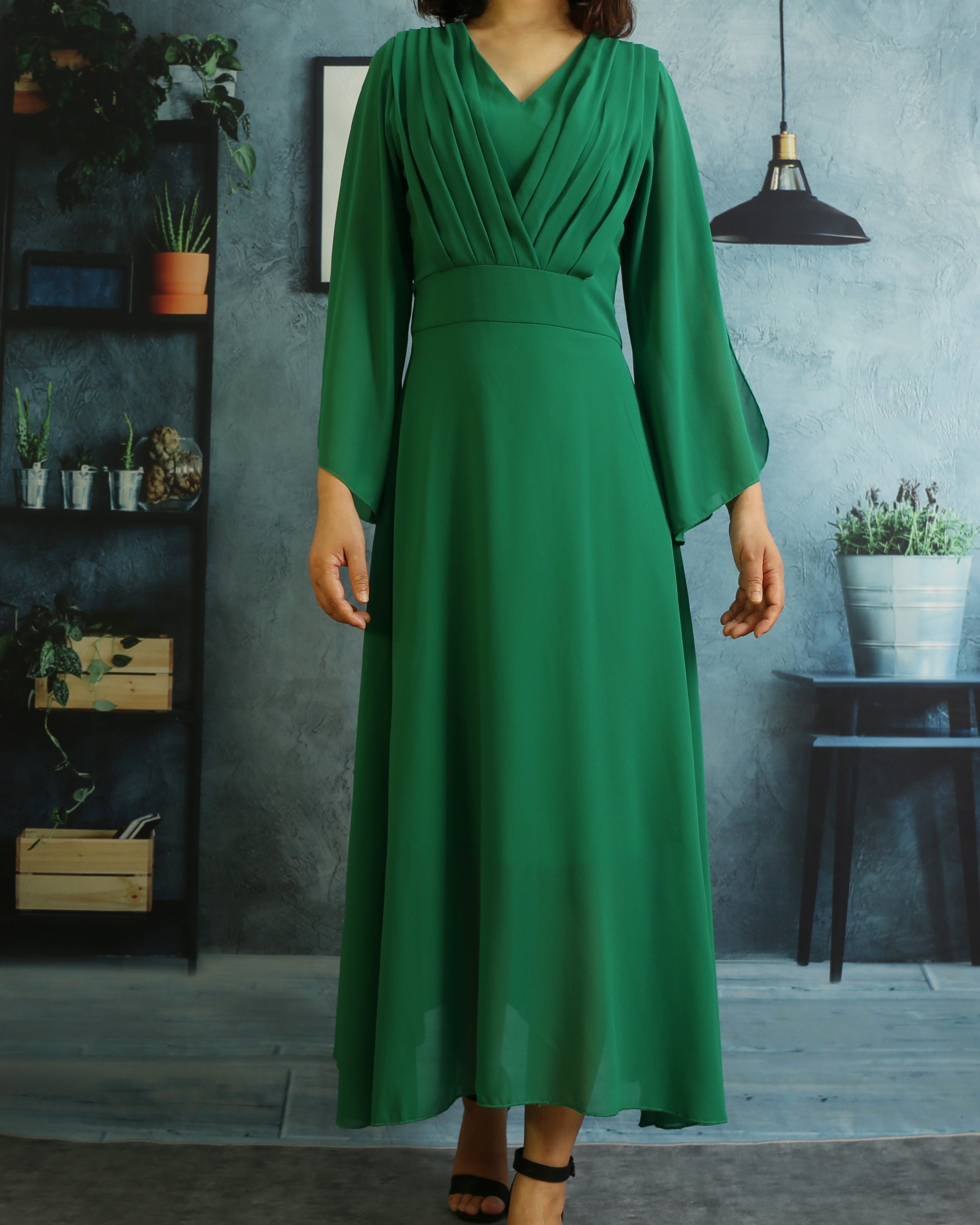 Green Chiffon Midi Dress: Women's V-neck Flowy Summer Dress - Etsy Green Chiffon Midi Dress: Women's V-neck Flowy Summer Dress - Etsy