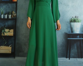emerald green summer maxi dress Green Chiffon Midi Dress – self-portrait-US main image 1