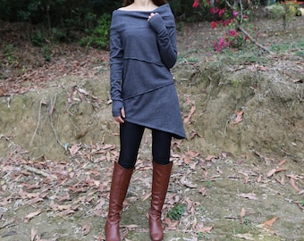 Cowl Neck Tunic Top: Asymmetrical Cotton Blend Sweater with Thumb Holes