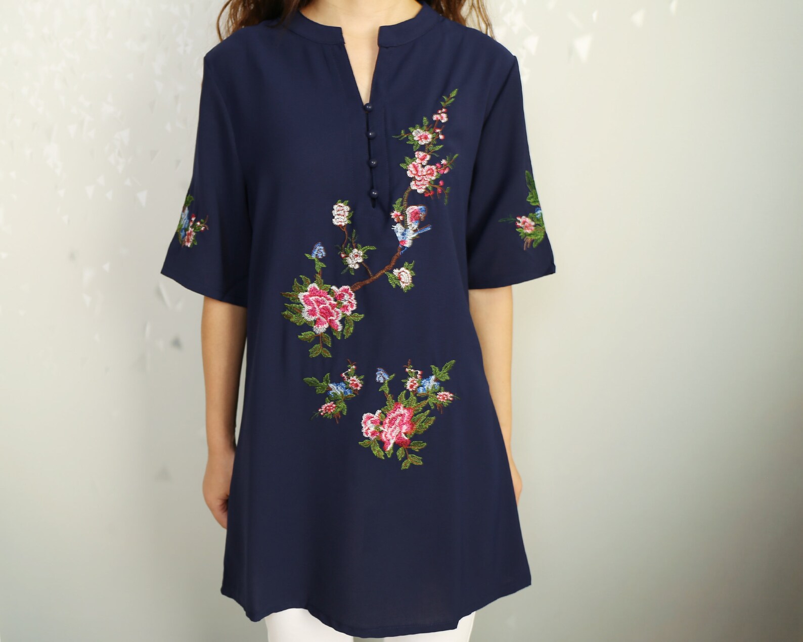 Short Sleeve Linen Tunic Dress Embroidered Linen Tunic Top Etsy