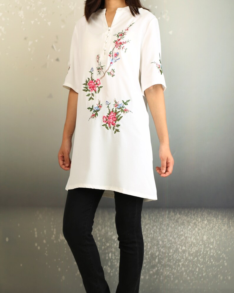 Short Sleeve Linen Tunic Dress Embroidered Linen Tunic Top Etsy