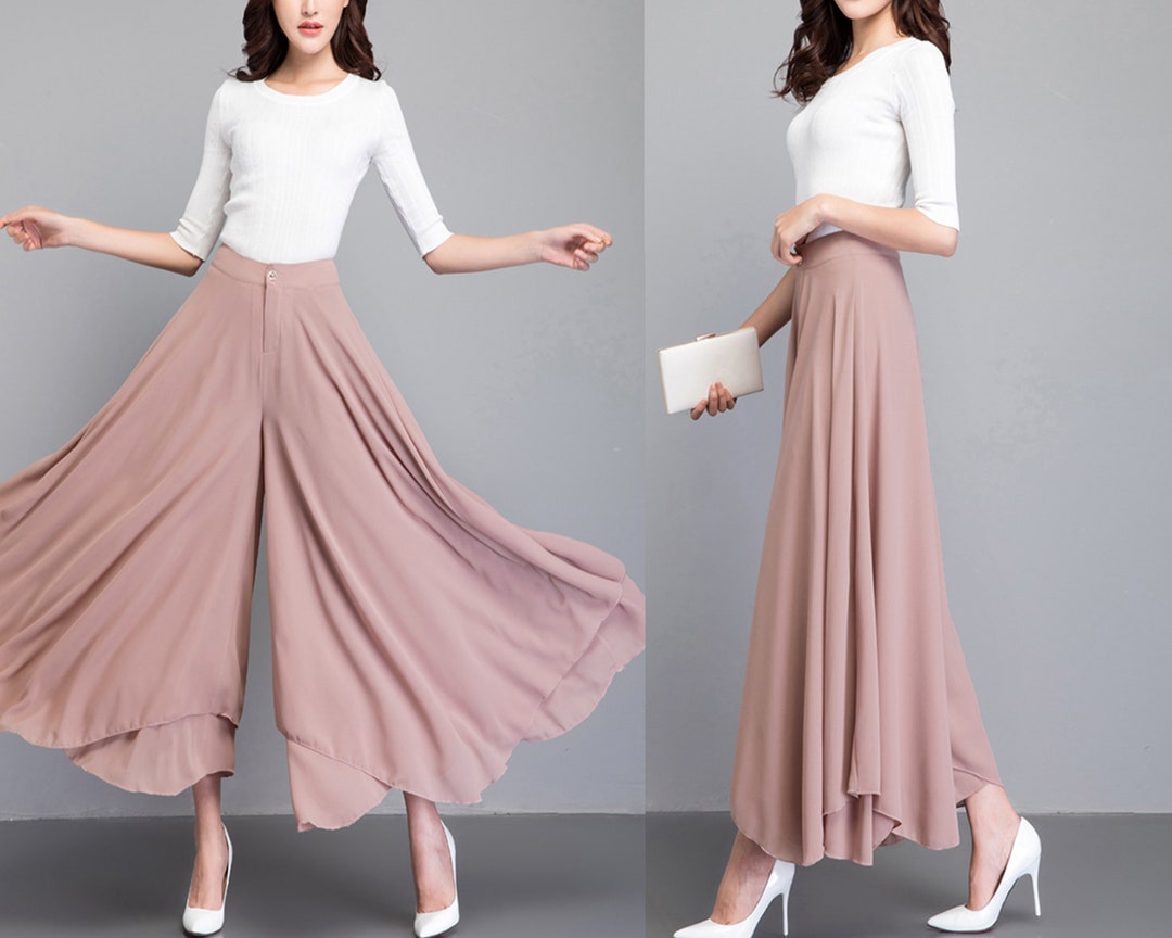 【Three Times】24SS Milky skirt-pants Women's Chiffon Pants, Wide Leg Pants, Black Skirt Pants