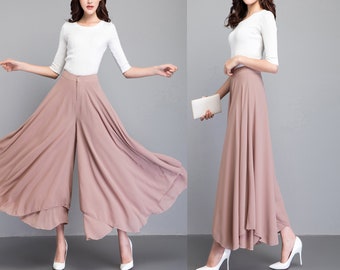 Chiffon Skirt Pants, Women's Cropped Pants, wide leg Pants, Summer Pants, Chiffon Culottes (K2022)