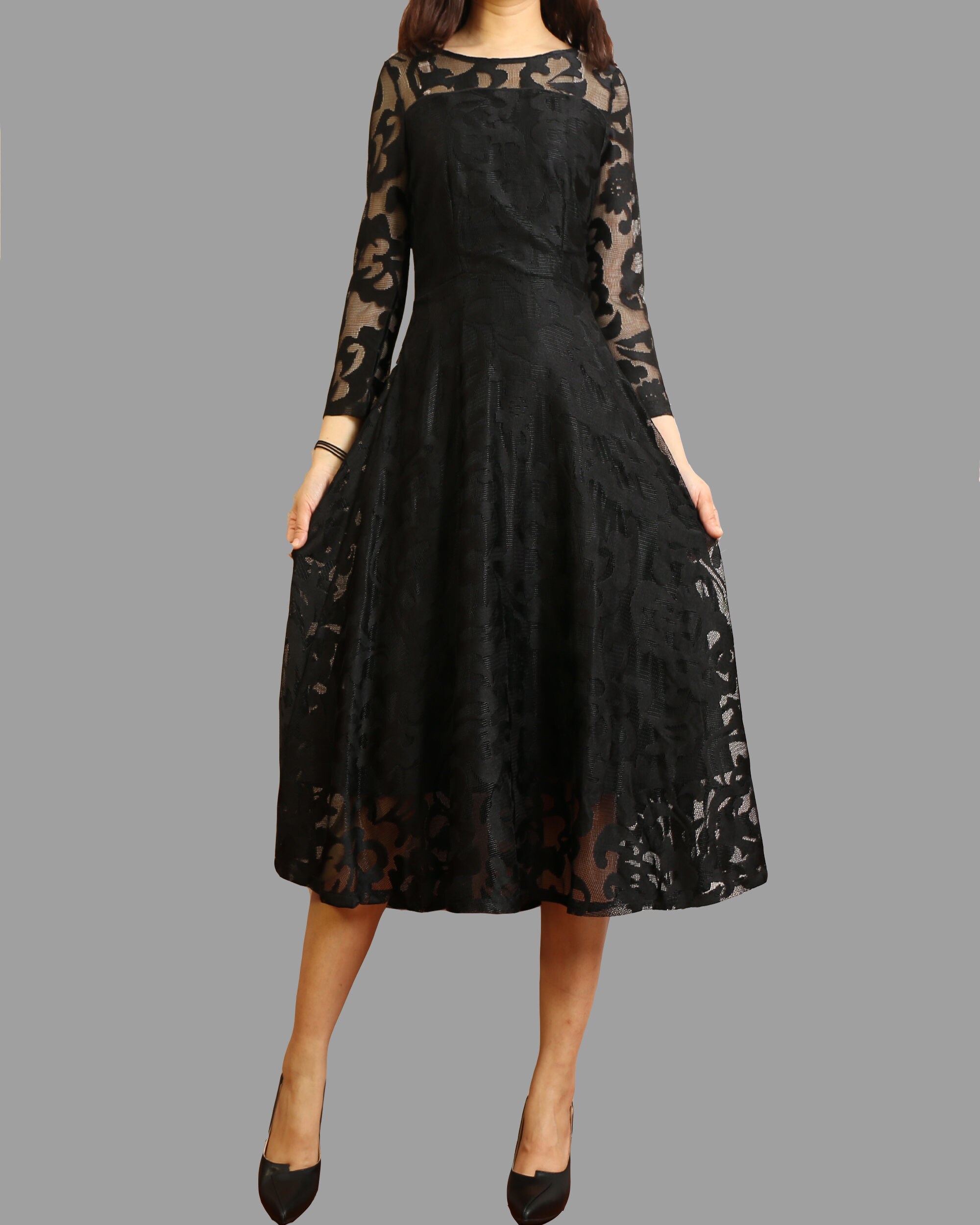 3 4 sleeve lace midi dress Vintage Lace Swing Dress for Women - 1950s V Neck 3/4 Sleeve Belted A-Line Midi Dress
