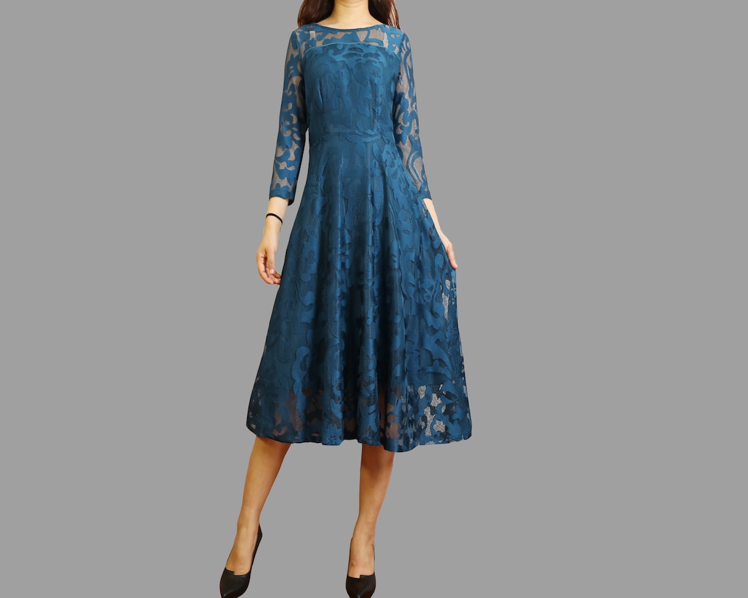 blue lace dress 3 4 sleeve A-Line/Princess Scoop 3/4 Sleeves Tea-Length Mother of the Bride Dress main image 1
