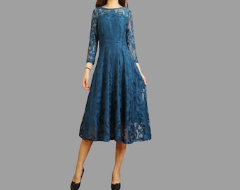 Midikleid aus Spitze: Abendkleid aus Baumwollmischung mit 3/4 Ärmeln für Damen