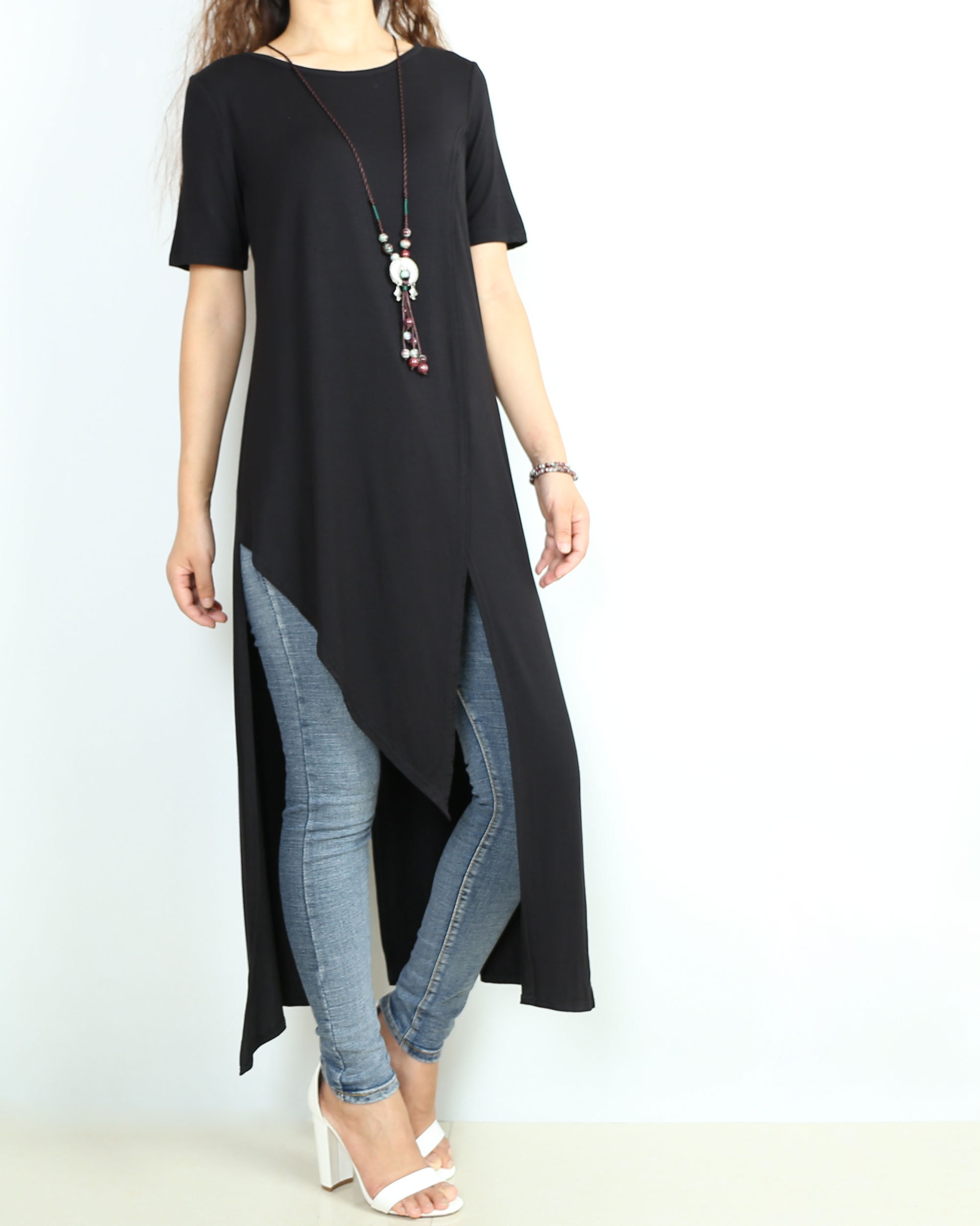 high low t shirt dress Modal Asymmetrical Tunic Top: Oversized Cotton Blend T-shirt Dress