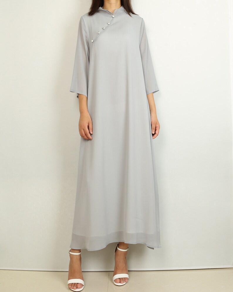 cheongsam dress half sleeves maxi dress Pleated chiffon dress Q2024 casual loose dress plus size oversize clothing