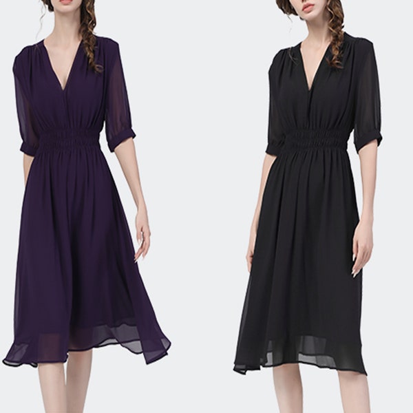 Damen-Chiffonkleid, schwarzes Kleid, Sommerkleid, lässiges Kleid, locker sitzendes Lagenkleid, Plus-Size-Oversize-Kleid (Q3022)