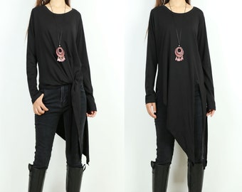 Women's cotton tunic top, asymmetrical t-shirt, oversized tunic dress, casual customized tops, long t-shirt(Y2138)