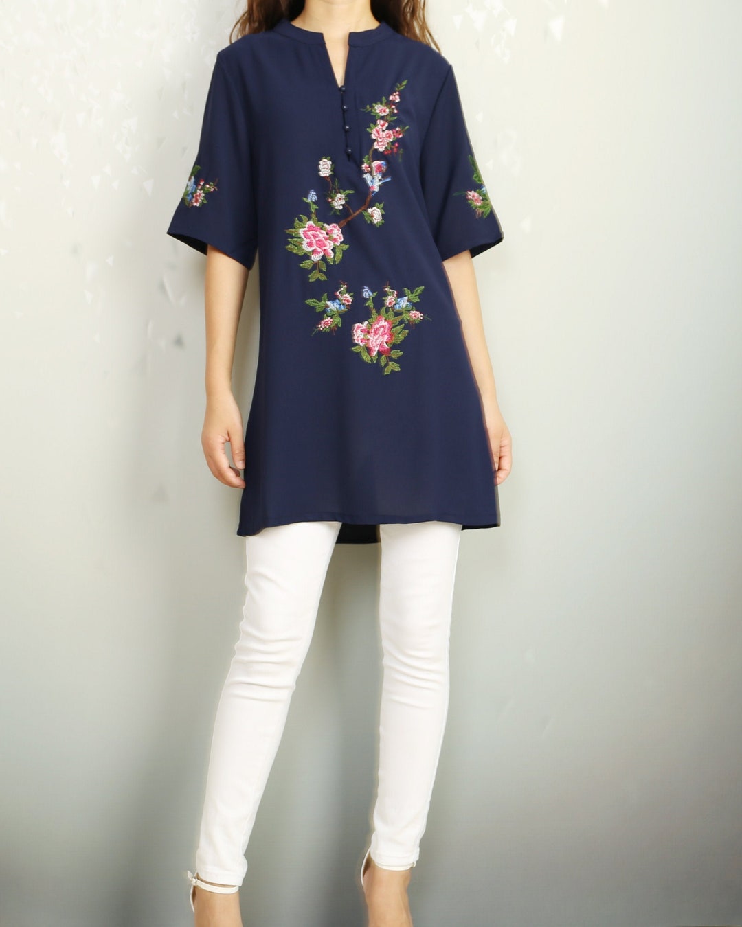 Short Sleeve Linen Tunic Dress Embroidered Linen Tunic Top Etsy