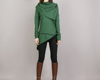 Green Cowl Neck Tunic Top: Asymmetrical Knit Cotton Blend